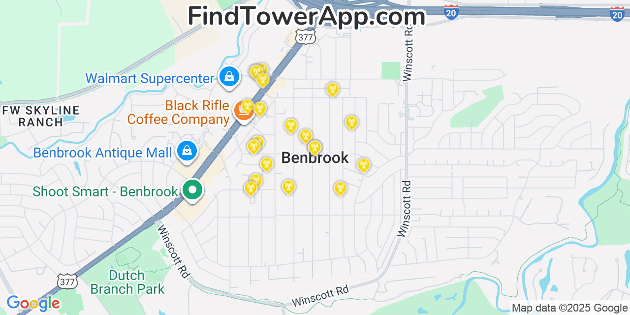 Map showing the 20 primary cell tower locations detected in Benbrook, Texas from AT&T, Verizon, and T-Mobile networks