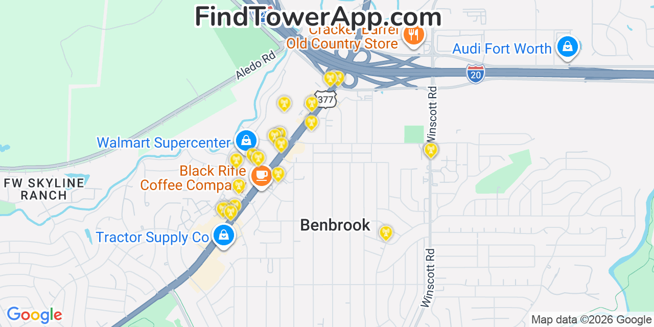 Map showing the 20 primary cell tower locations detected in Benbrook, Texas from AT&T, Verizon, and T-Mobile networks