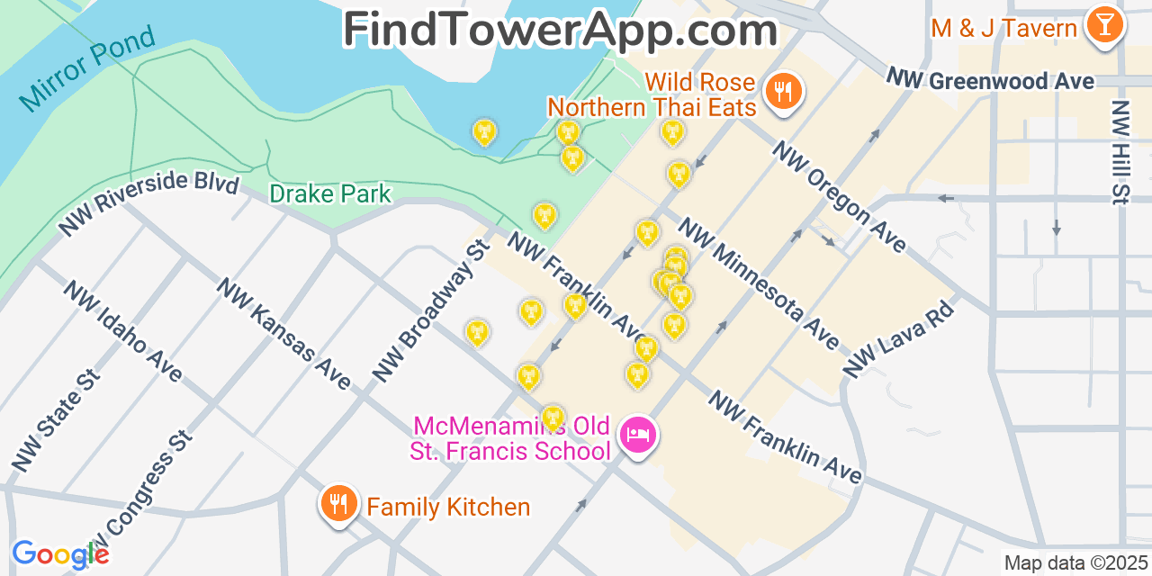 Map showing the 20 primary cell tower locations detected in Bend, Oregon from AT&T, Verizon, and T-Mobile networks