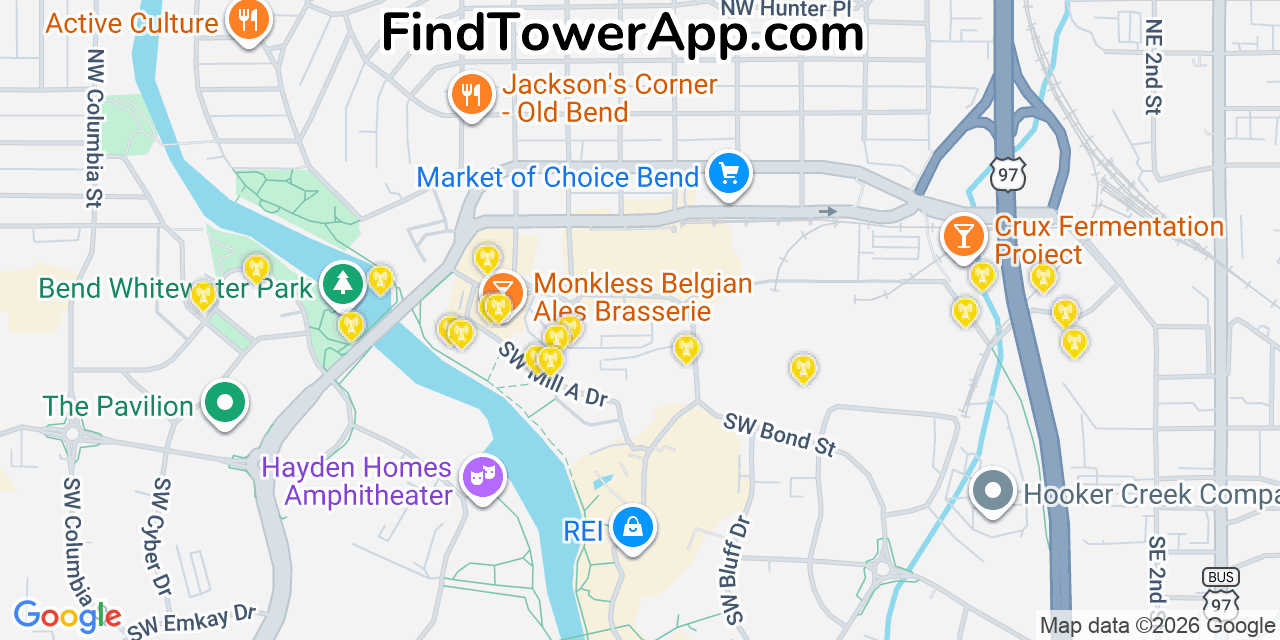 Map showing the 20 primary cell tower locations detected in Bend, Oregon from AT&T, Verizon, and T-Mobile networks