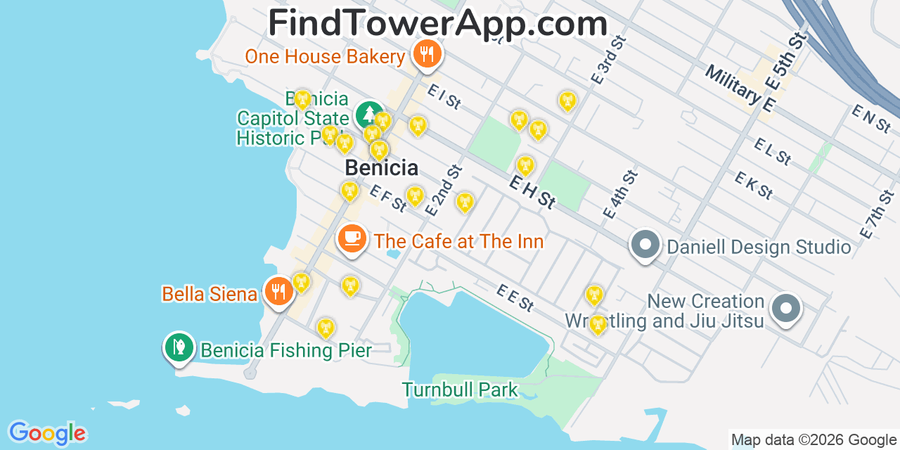 Map showing the 20 primary cell tower locations detected in Benicia, California from AT&T, Verizon, and T-Mobile networks