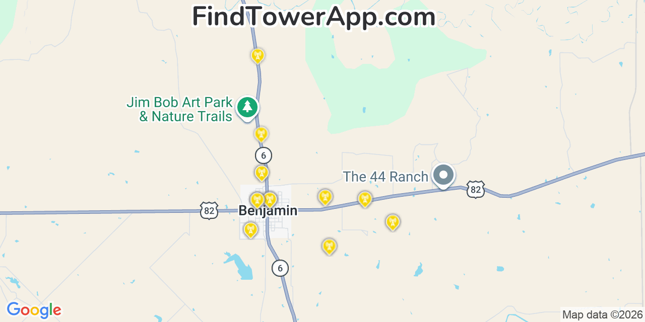 Map showing the 20 primary cell tower locations detected in Benjamin, Texas from AT&T, Verizon, and T-Mobile networks