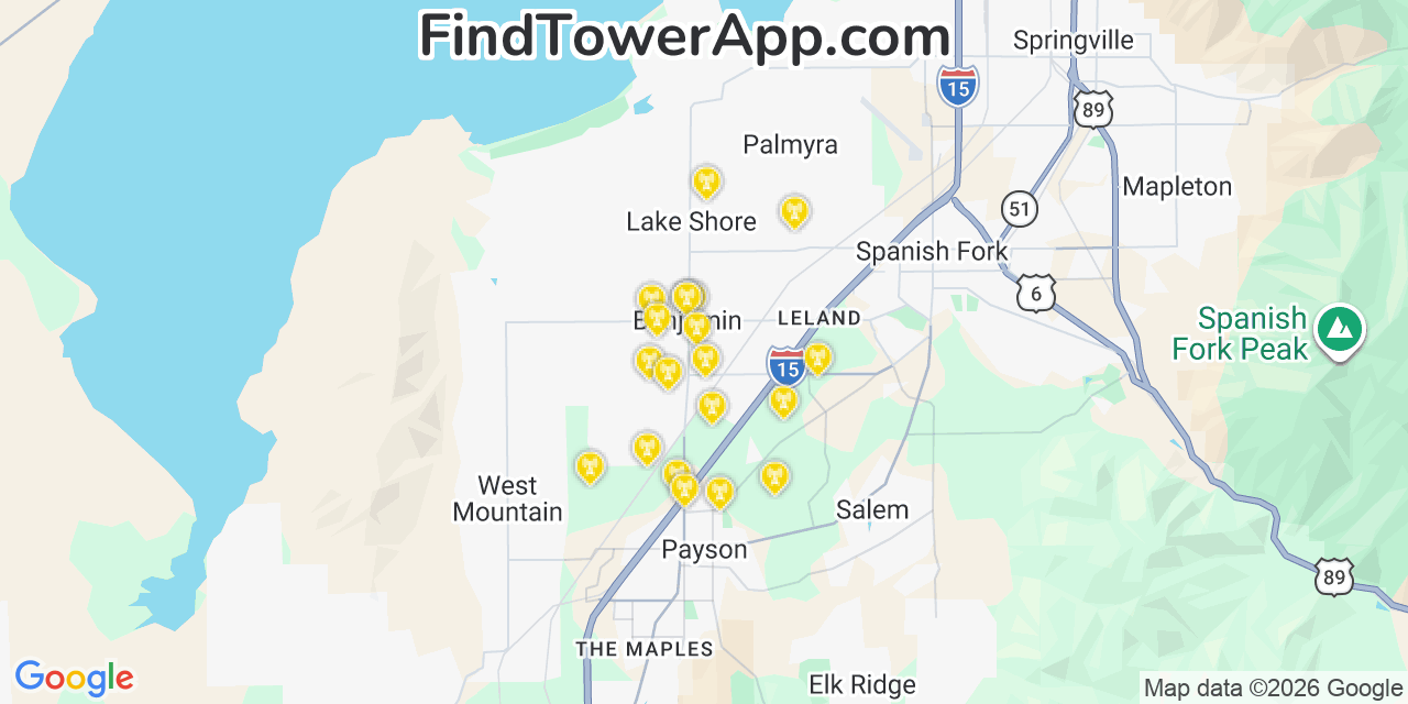Map showing the 20 primary cell tower locations detected in Benjamin, Utah from AT&T, Verizon, and T-Mobile networks
