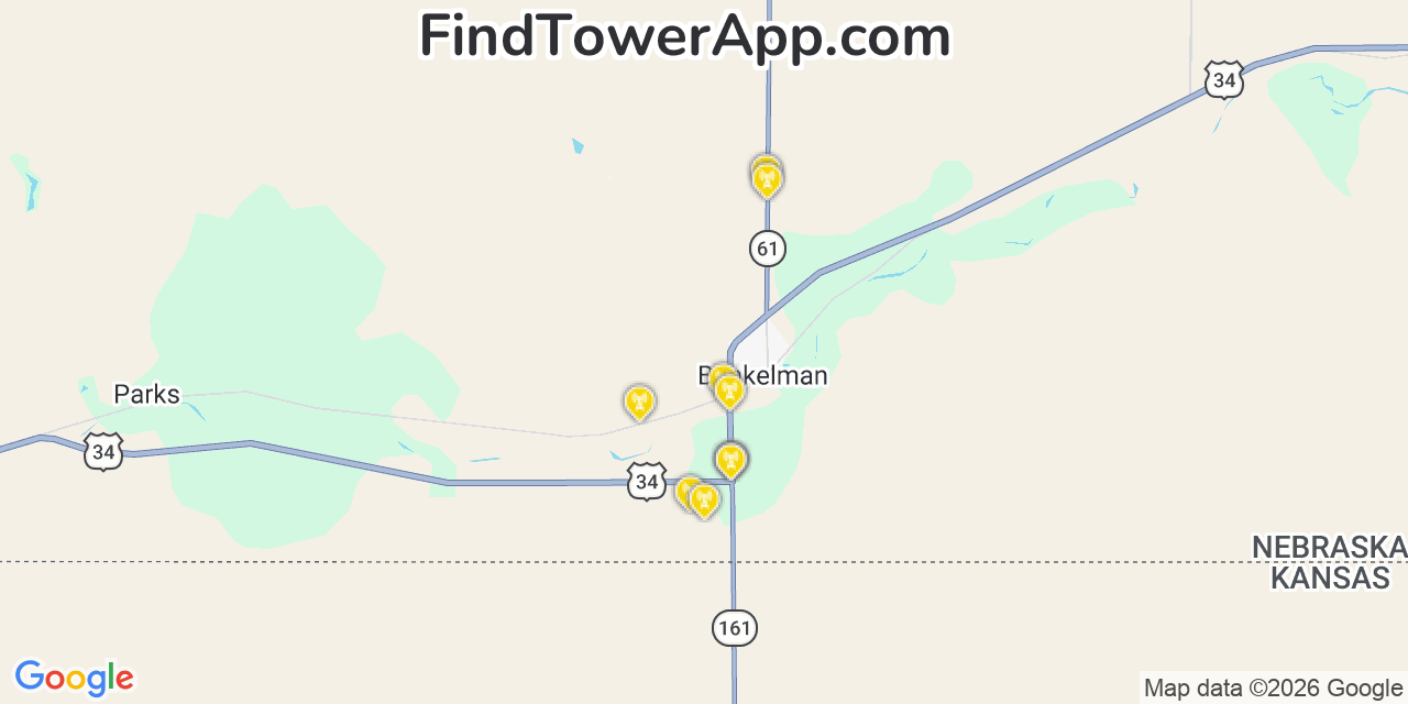 Map showing the 20 primary cell tower locations detected in Benkelman, Nebraska from AT&T, Verizon, and T-Mobile networks