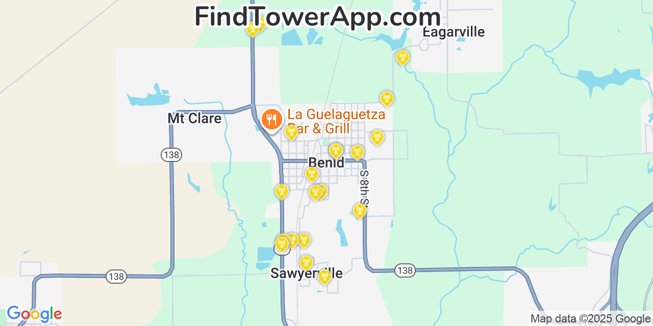 Map showing the 20 primary cell tower locations detected in Benld, Illinois from AT&T, Verizon, and T-Mobile networks
