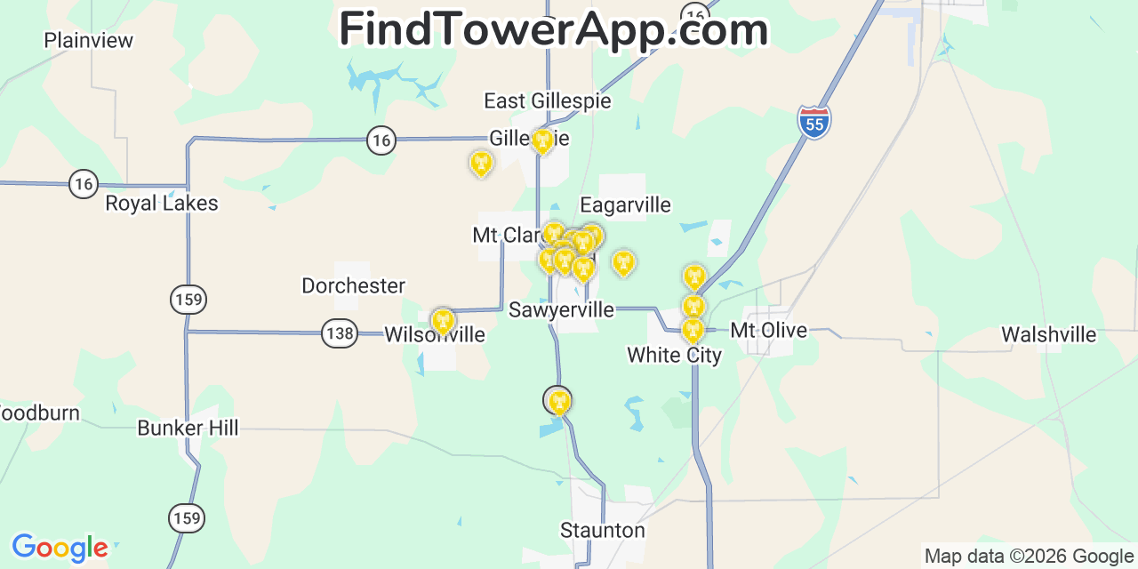 Map showing the 20 primary cell tower locations detected in Benld, Illinois from AT&T, Verizon, and T-Mobile networks