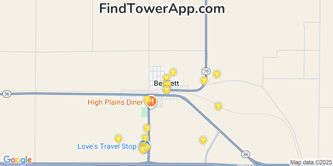 Map showing the 20 primary cell tower locations detected in Bennett, Colorado from AT&T, Verizon, and T-Mobile networks