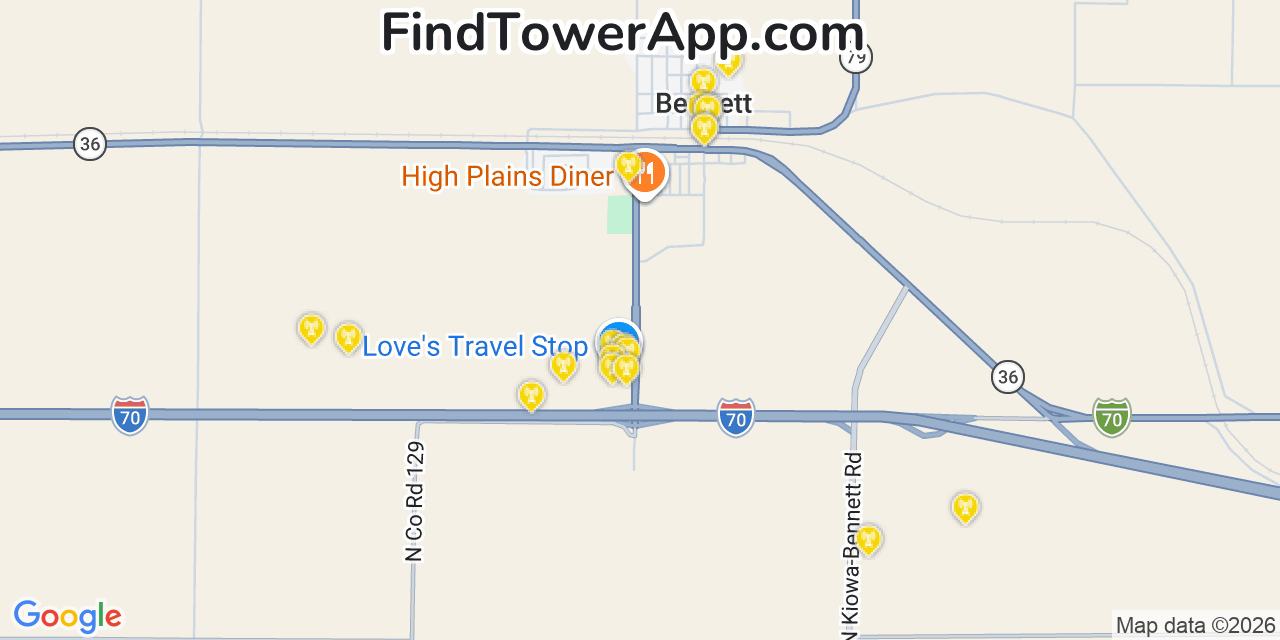 Map showing the 20 primary cell tower locations detected in Bennett, Colorado from AT&T, Verizon, and T-Mobile networks