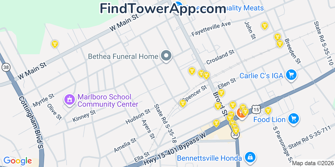 Map showing the 20 primary cell tower locations detected in Bennettsville, South Carolina from AT&T, Verizon, and T-Mobile networks