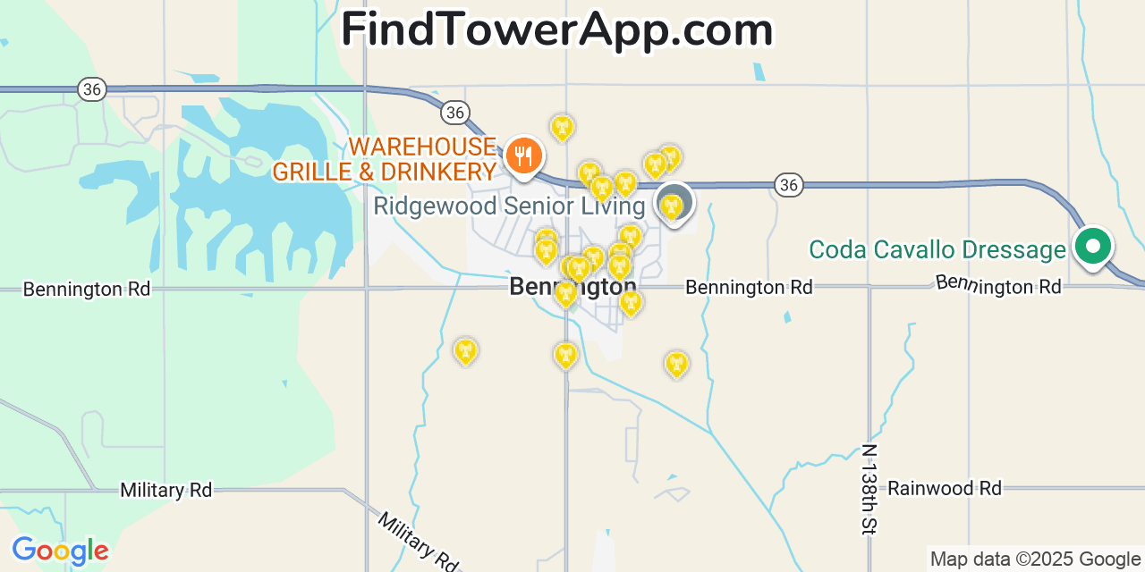 Map showing the 20 primary cell tower locations detected in Bennington, Nebraska from AT&T, Verizon, and T-Mobile networks