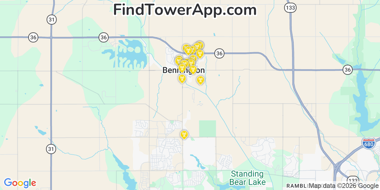 Map showing the 20 primary cell tower locations detected in Bennington, Nebraska from AT&T, Verizon, and T-Mobile networks