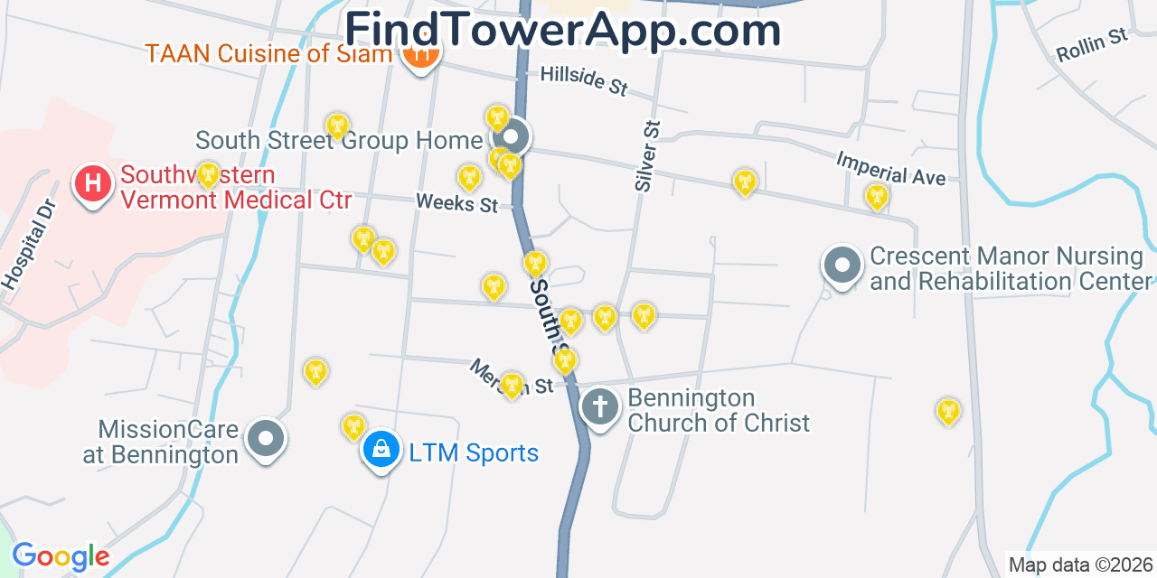 Map showing the 20 primary cell tower locations detected in Bennington, Vermont from AT&T, Verizon, and T-Mobile networks