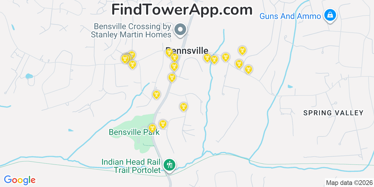 Map showing the 20 primary cell tower locations detected in Bennsville, Maryland from AT&T, Verizon, and T-Mobile networks