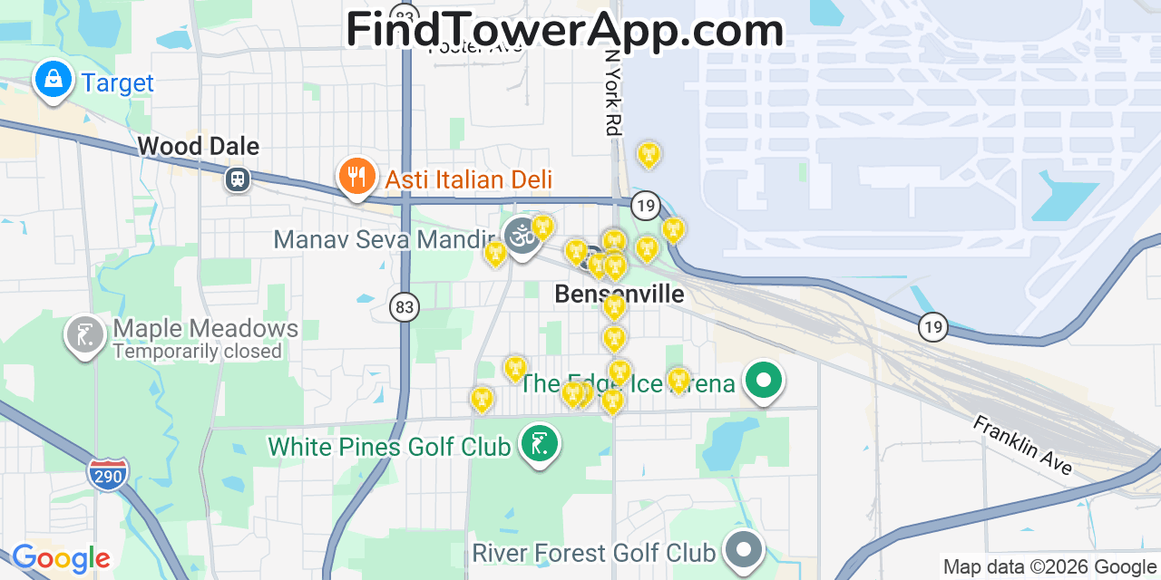 Map showing the 20 primary cell tower locations detected in Bensenville, Illinois from AT&T, Verizon, and T-Mobile networks