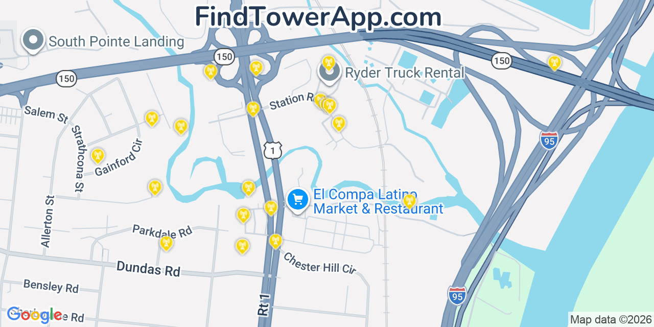 Map showing the 20 primary cell tower locations detected in Bensley, Virginia from AT&T, Verizon, and T-Mobile networks