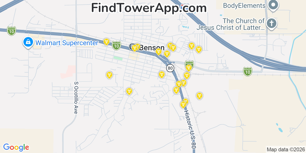 Map showing the 20 primary cell tower locations detected in Benson, Arizona from AT&T, Verizon, and T-Mobile networks