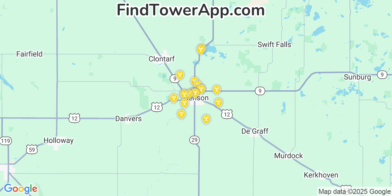 Map showing the 20 primary cell tower locations detected in Benson, Minnesota from AT&T, Verizon, and T-Mobile networks