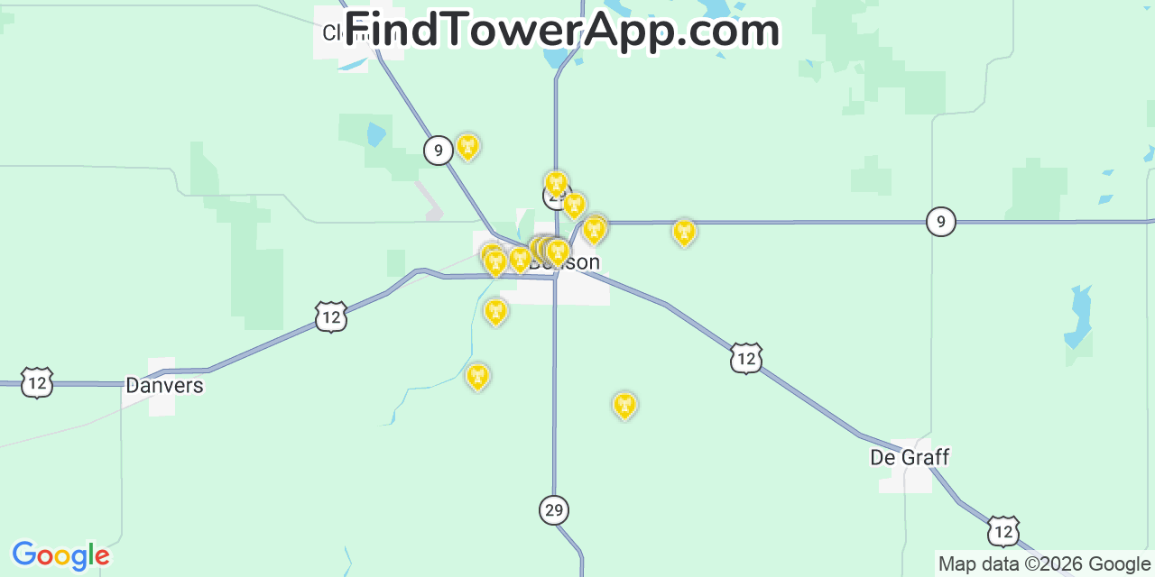 Map showing the 20 primary cell tower locations detected in Benson, Minnesota from AT&T, Verizon, and T-Mobile networks