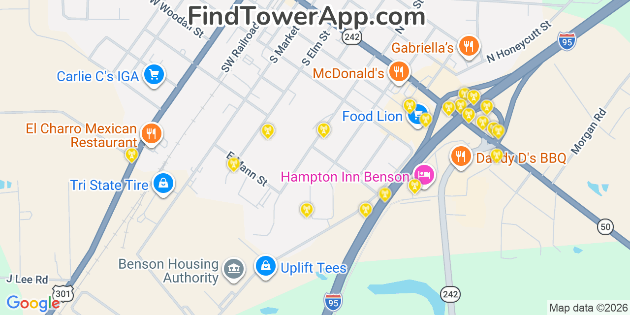 Map showing the 20 primary cell tower locations detected in Benson, North Carolina from AT&T, Verizon, and T-Mobile networks