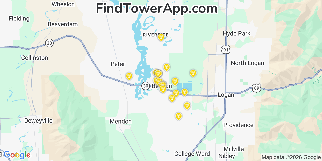 Map showing the 20 primary cell tower locations detected in Benson, Utah from AT&T, Verizon, and T-Mobile networks