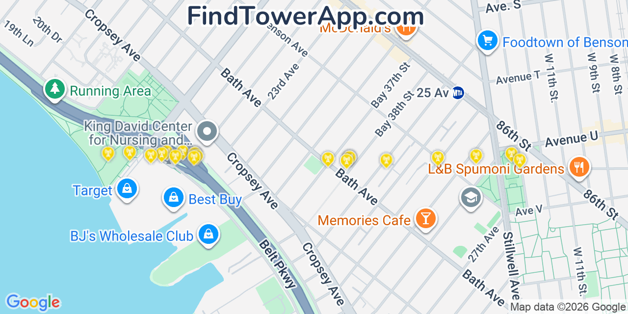 Map showing the 20 primary cell tower locations detected in Bensonhurst, New York from AT&T, Verizon, and T-Mobile networks