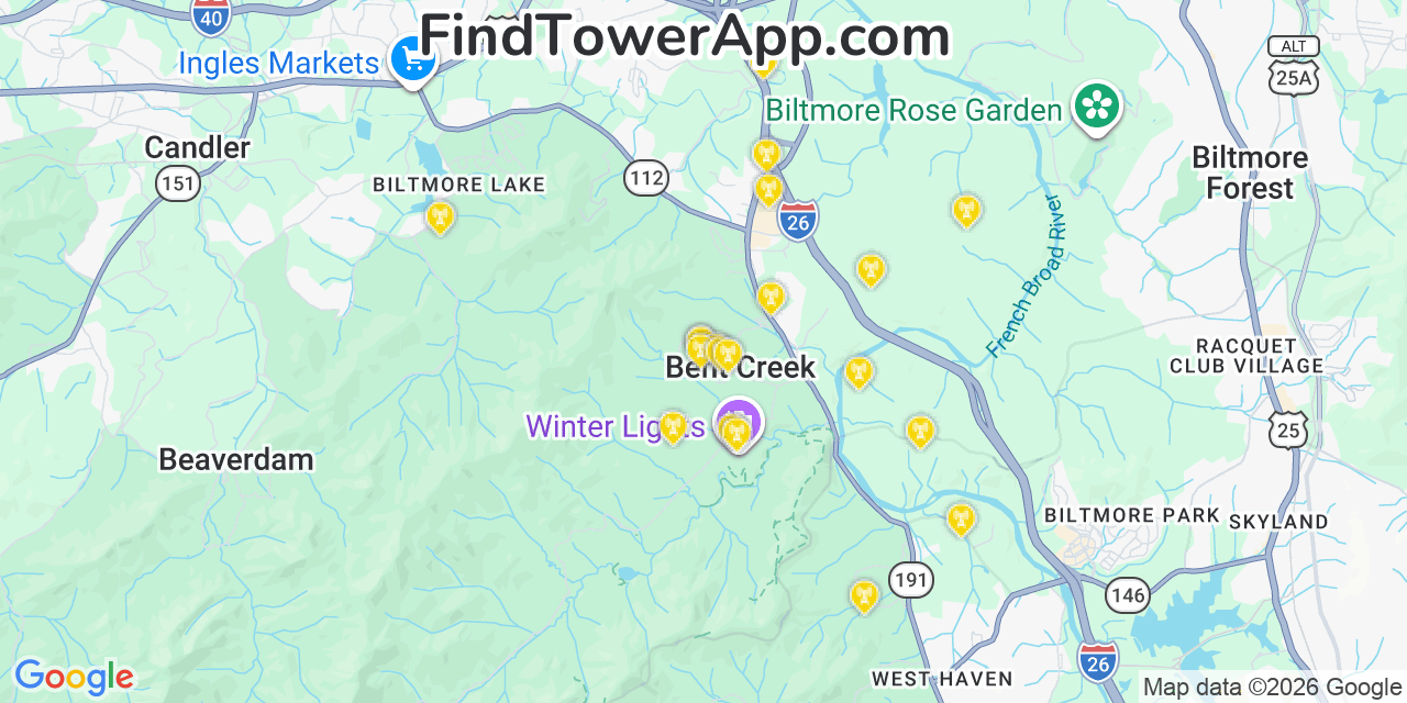 Map showing the 20 primary cell tower locations detected in Bent Creek, North Carolina from AT&T, Verizon, and T-Mobile networks