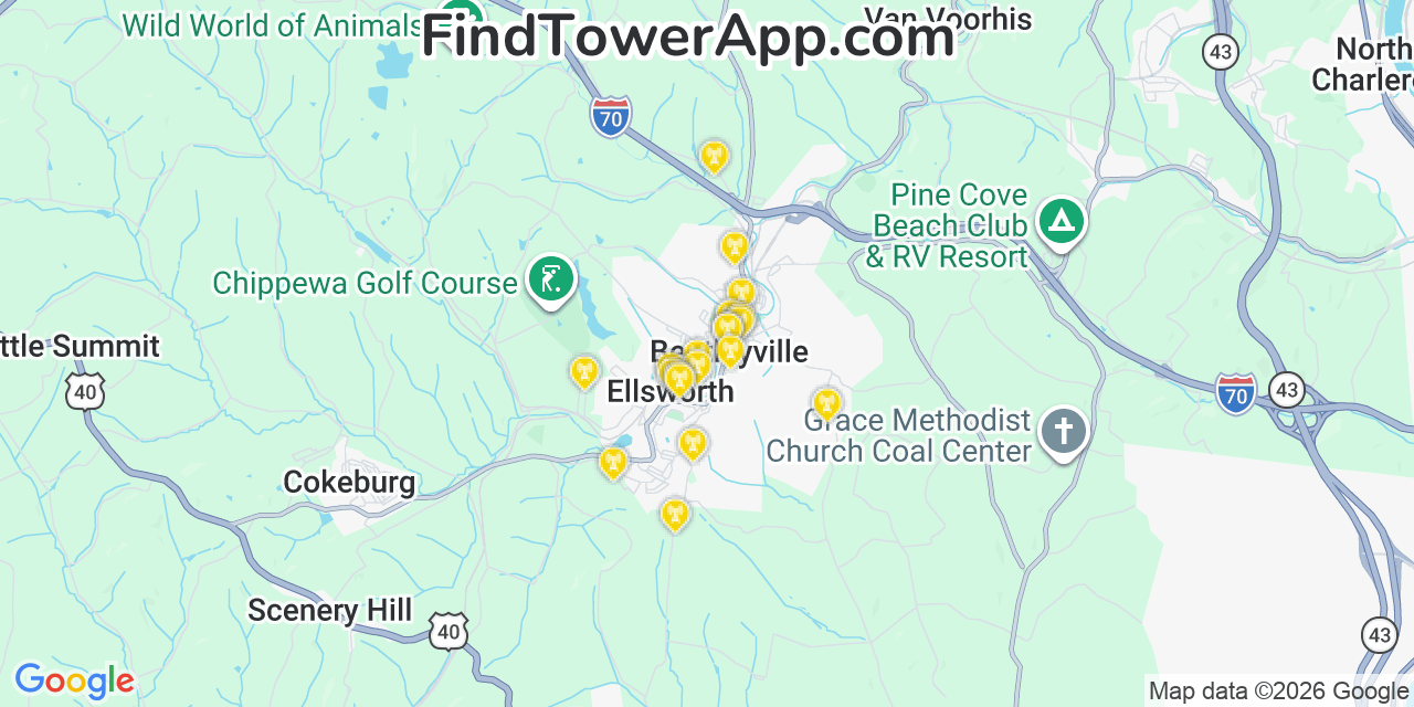 Map showing the 20 primary cell tower locations detected in Bentleyville, Pennsylvania from AT&T, Verizon, and T-Mobile networks