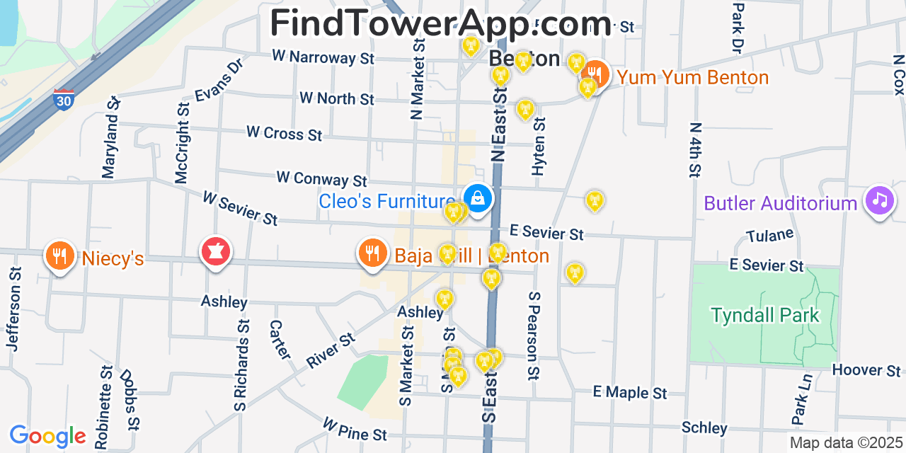 Map showing the 20 primary cell tower locations detected in Benton, Arkansas from AT&T, Verizon, and T-Mobile networks