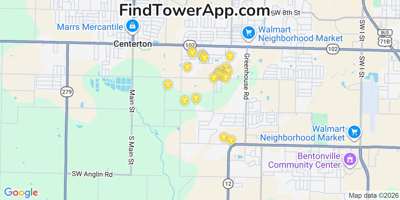 Map showing the 20 primary cell tower locations detected in Benton, Arkansas from AT&T, Verizon, and T-Mobile networks