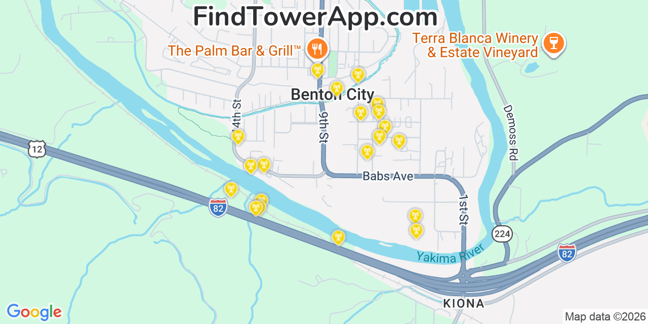 Map showing the 20 primary cell tower locations detected in Benton City, Washington from AT&T, Verizon, and T-Mobile networks