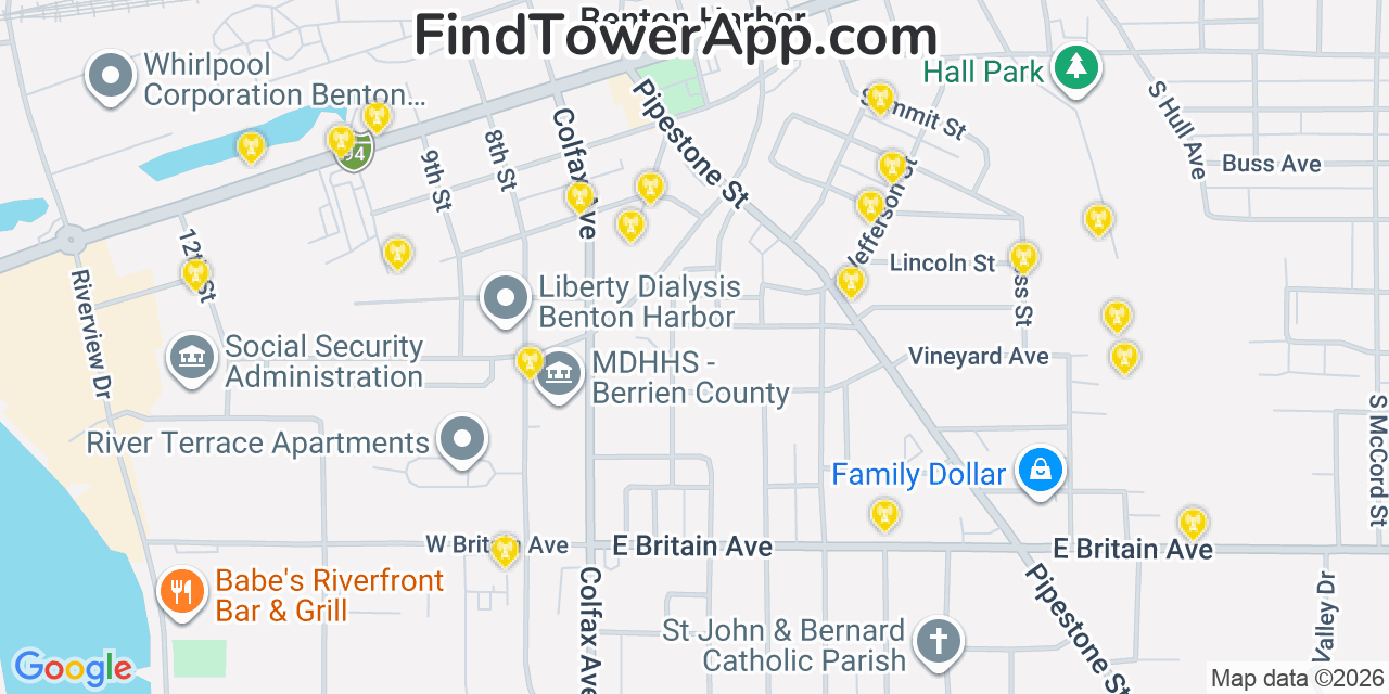 Map showing the 20 primary cell tower locations detected in Benton Harbor, Michigan from AT&T, Verizon, and T-Mobile networks