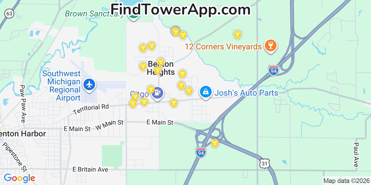 Map showing the 20 primary cell tower locations detected in Benton Heights, Michigan from AT&T, Verizon, and T-Mobile networks