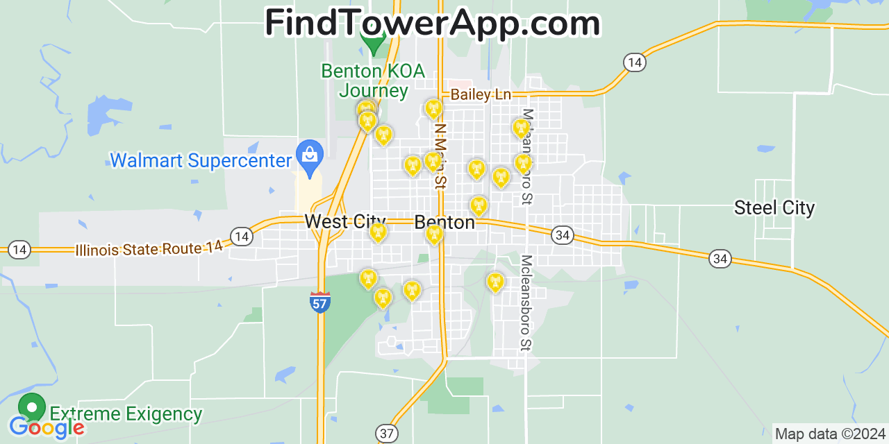 AT&T 4G/5G cell tower coverage map Benton, Illinois