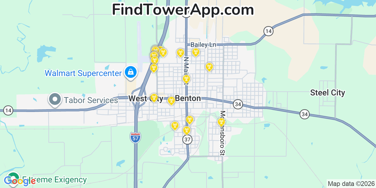Map showing the 20 primary cell tower locations detected in Benton, Illinois from AT&T, Verizon, and T-Mobile networks