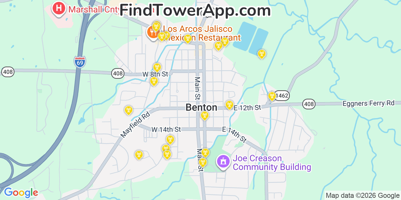 Map showing the 20 primary cell tower locations detected in Benton, Kentucky from AT&T, Verizon, and T-Mobile networks