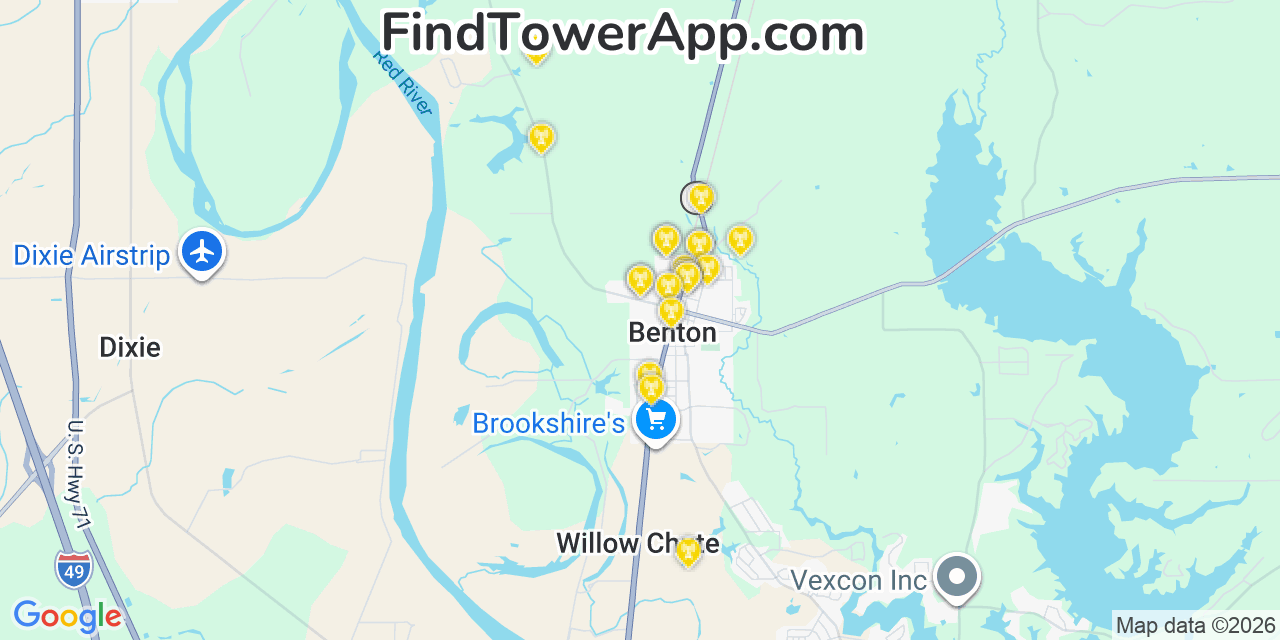 Map showing the 20 primary cell tower locations detected in Benton, Louisiana from AT&T, Verizon, and T-Mobile networks