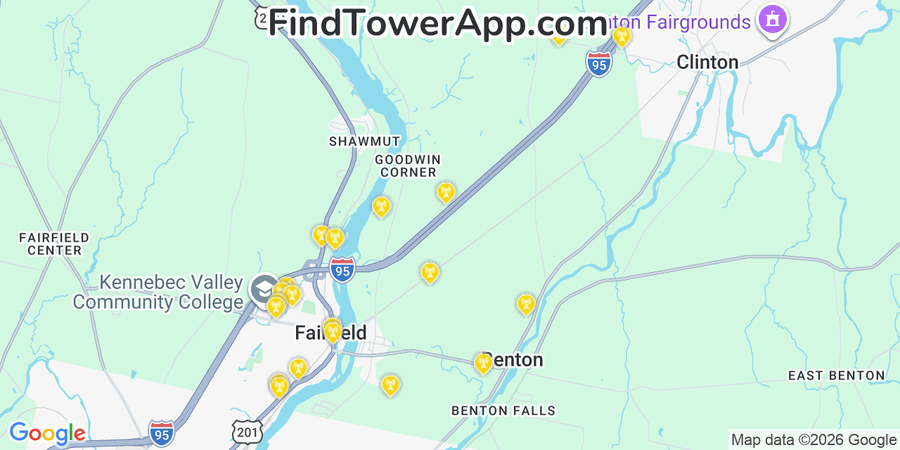 Map showing the 20 primary cell tower locations detected in Benton, Maine from AT&T, Verizon, and T-Mobile networks