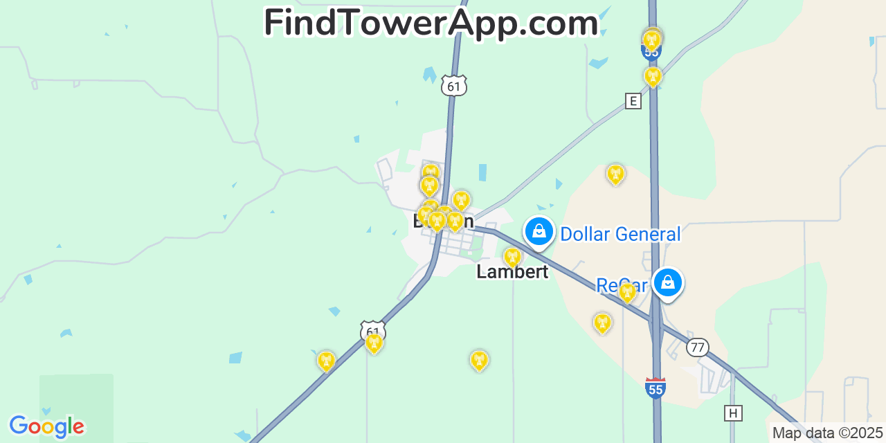 Map showing the 20 primary cell tower locations detected in Benton, Missouri from AT&T, Verizon, and T-Mobile networks