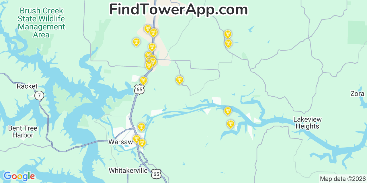 Map showing the 20 primary cell tower locations detected in Benton, Missouri from AT&T, Verizon, and T-Mobile networks