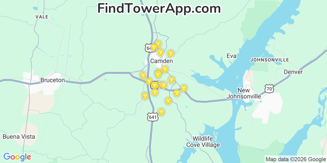Map showing the 20 primary cell tower locations detected in Benton, Tennessee from AT&T, Verizon, and T-Mobile networks