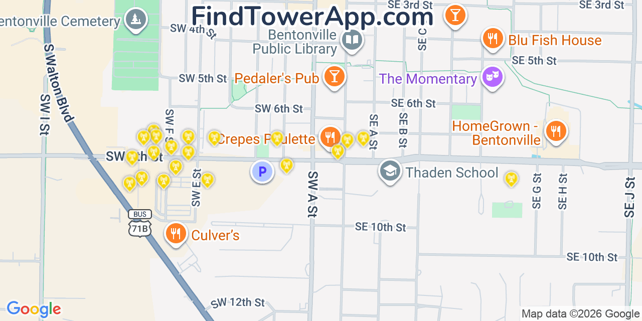 Map showing the 20 primary cell tower locations detected in Bentonville, Arkansas from AT&T, Verizon, and T-Mobile networks