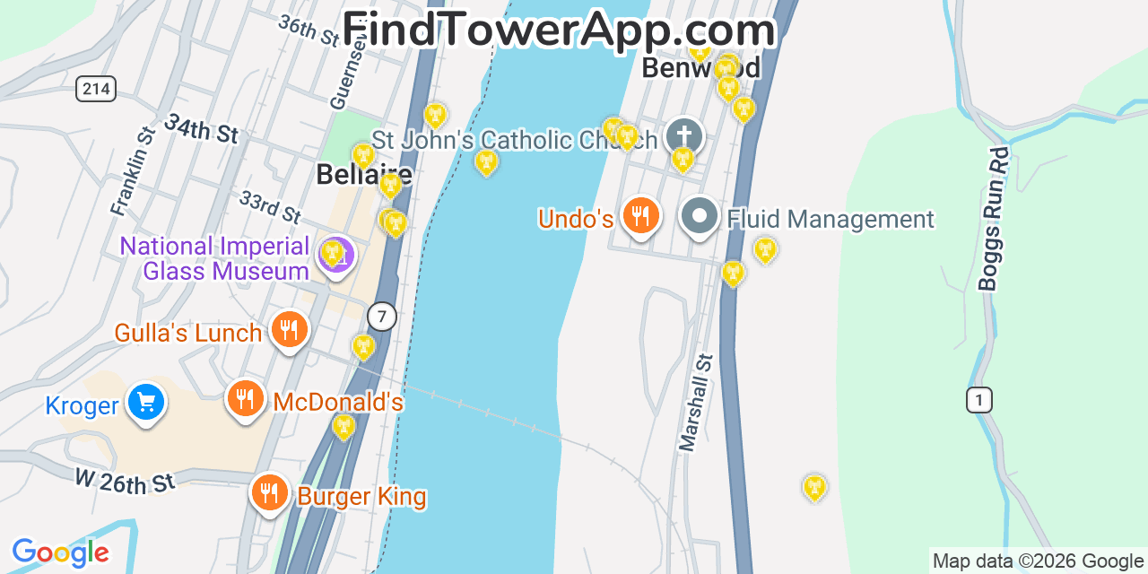 Map showing the 20 primary cell tower locations detected in Benwood, West Virginia from AT&T, Verizon, and T-Mobile networks