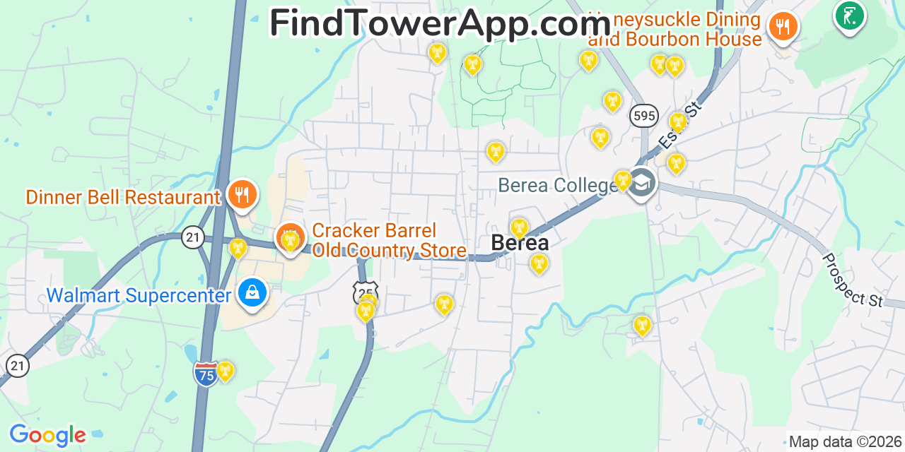 Map showing the 20 primary cell tower locations detected in Berea, Kentucky from AT&T, Verizon, and T-Mobile networks