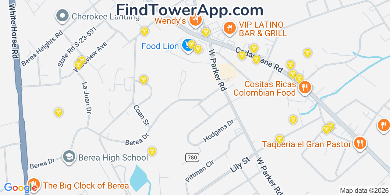 Map showing the 20 primary cell tower locations detected in Berea, South Carolina from AT&T, Verizon, and T-Mobile networks