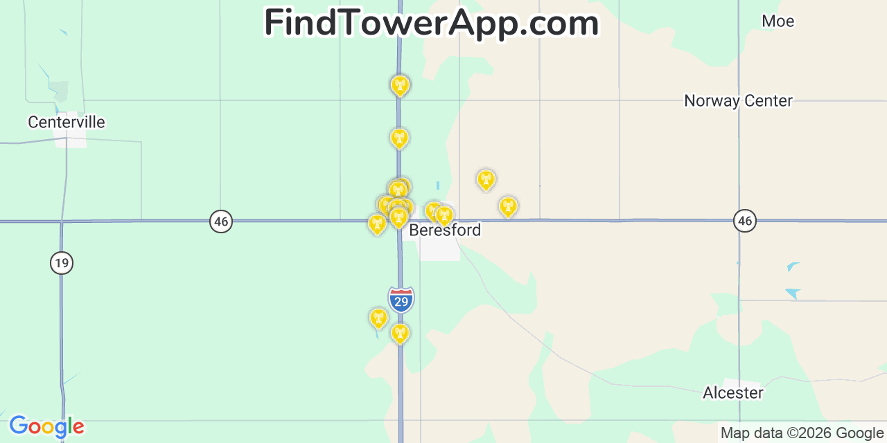 Map showing the 20 primary cell tower locations detected in Beresford, South Dakota from AT&T, Verizon, and T-Mobile networks