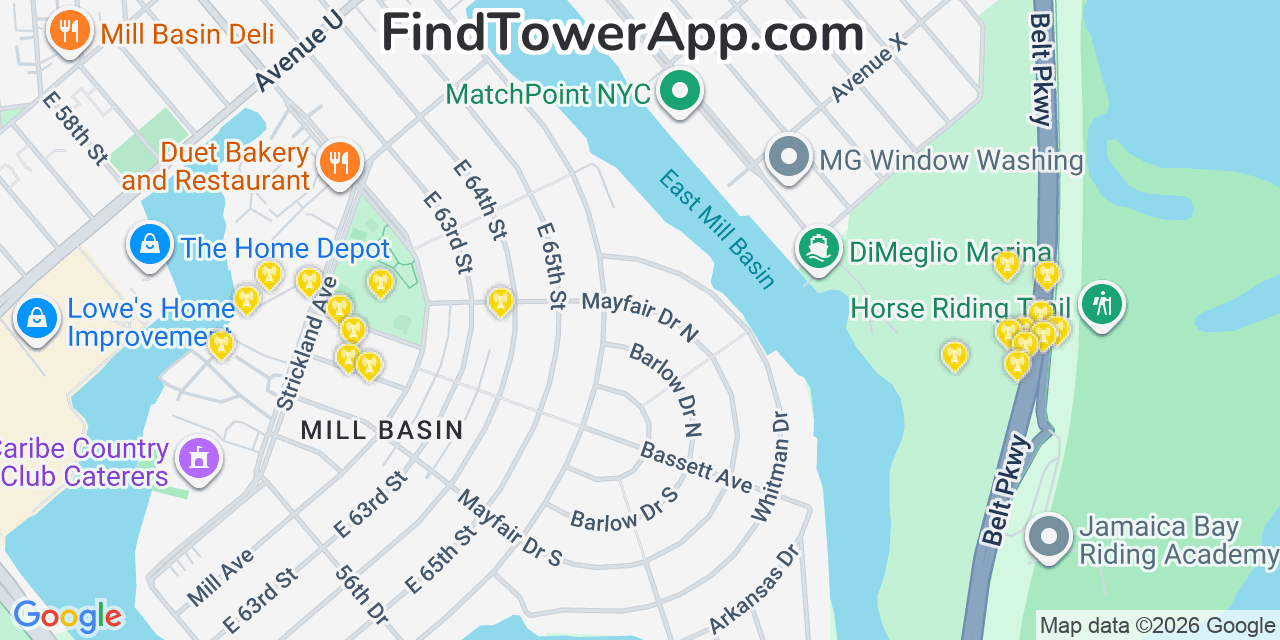 Map showing the 20 primary cell tower locations detected in Bergen Beach, New York from AT&T, Verizon, and T-Mobile networks