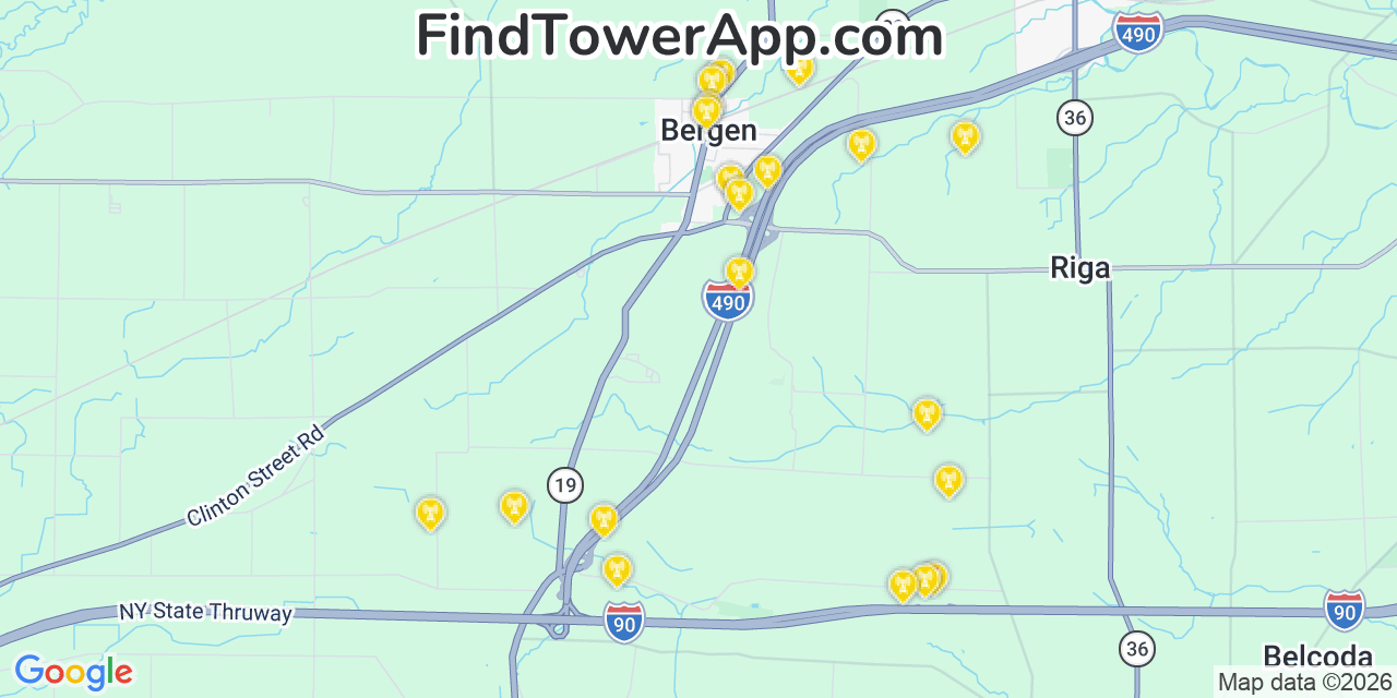 Map showing the 20 primary cell tower locations detected in Bergen, New York from AT&T, Verizon, and T-Mobile networks