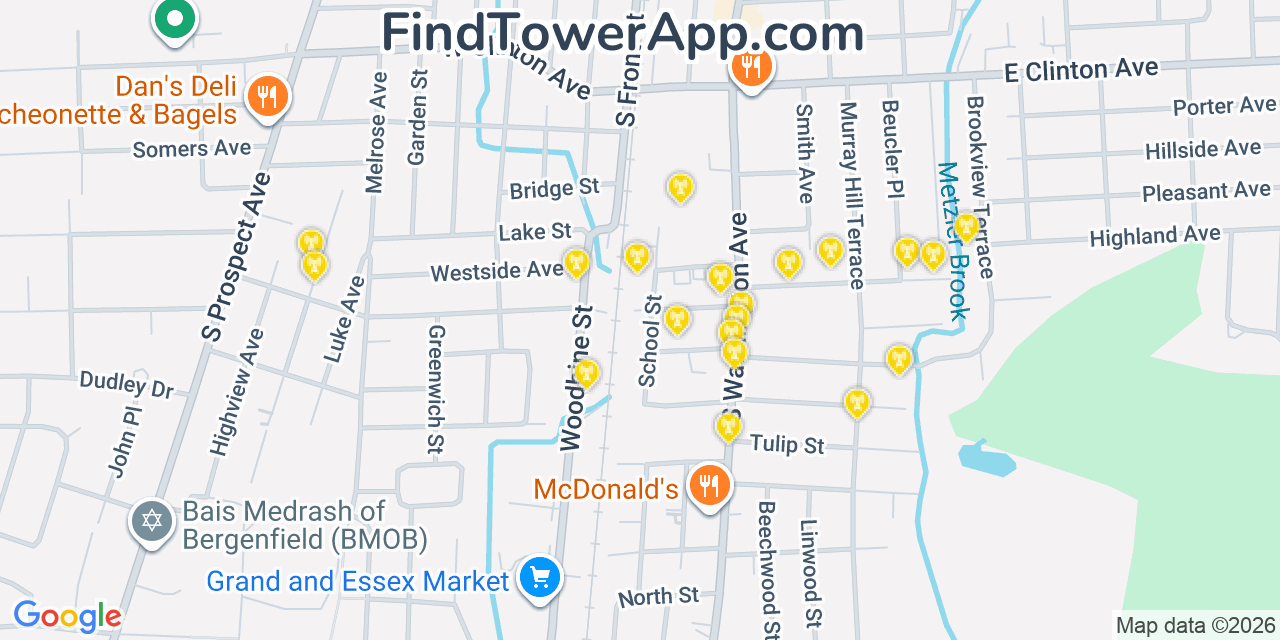 Map showing the 20 primary cell tower locations detected in Bergenfield, New Jersey from AT&T, Verizon, and T-Mobile networks