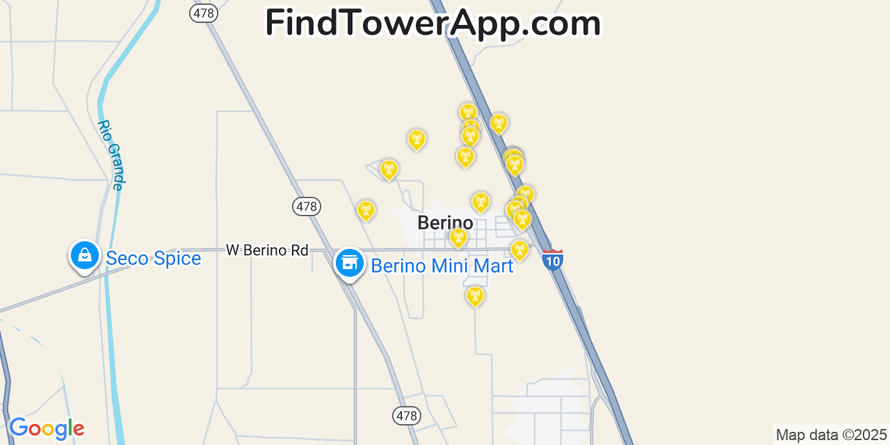 Map showing the 20 primary cell tower locations detected in Berino, New Mexico from AT&T, Verizon, and T-Mobile networks