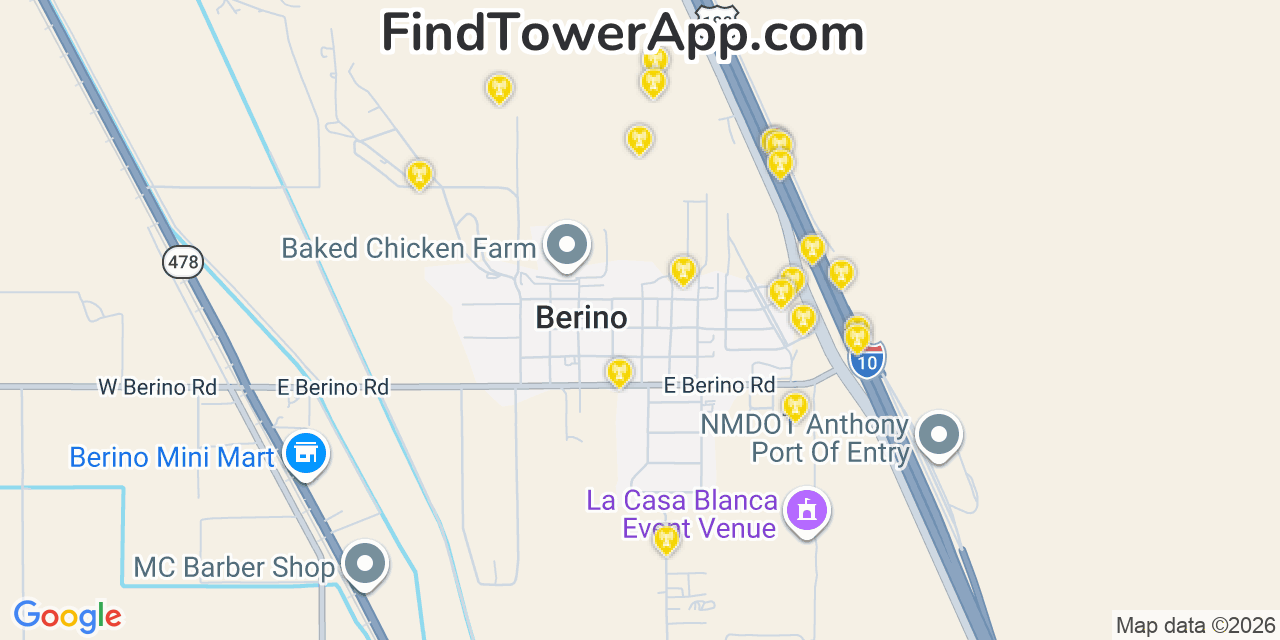 Map showing the 20 primary cell tower locations detected in Berino, New Mexico from AT&T, Verizon, and T-Mobile networks